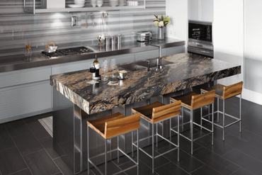 Dark Granite Plantation countertops for a kitchen and dining set.