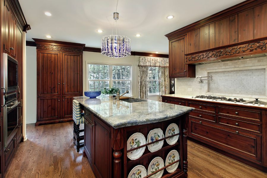 A timeless granite countertop on a kitchen island.